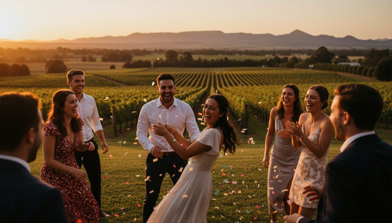 A joyous group of friends laughing heartily at a Yarra Glen party, with warm golden hour light illuminating their faces, capturing authentic Yarra Glen party photography candid moments.