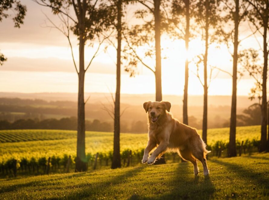 An epic moment of Yarra Glen pet photography capturing joyful canine adventures, featuring a golden retriever leaping gracefully through dappled sunlight in a Yarra Valley vineyard, its fur glowing, against a backdrop of rolling hills and a clear blue sky.