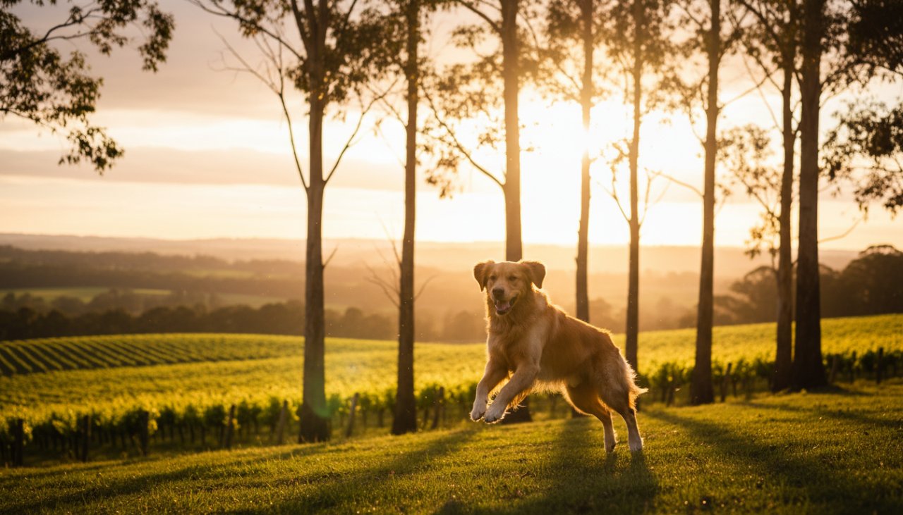An epic moment of Yarra Glen pet photography capturing joyful canine adventures, featuring a golden retriever leaping gracefully through dappled sunlight in a Yarra Valley vineyard, its fur glowing, against a backdrop of rolling hills and a clear blue sky.