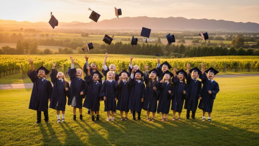 An emotional wide shot of a group of excited primary school children in Yarra Glen, Victoria, tossing their graduation caps into the air against a backdrop of rolling hills and a golden sunset, perfectly capturing a joyful Yarra Glen primary school graduation photography moment.