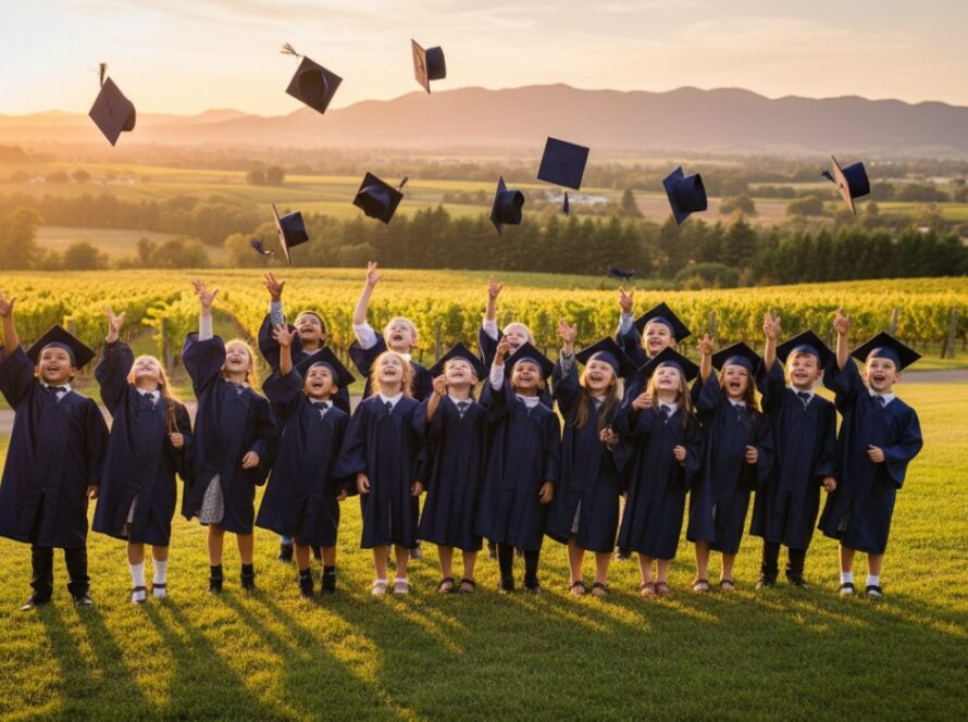 An emotional wide shot of a group of excited primary school children in Yarra Glen, Victoria, tossing their graduation caps into the air against a backdrop of rolling hills and a golden sunset, perfectly capturing a joyful Yarra Glen primary school graduation photography moment.