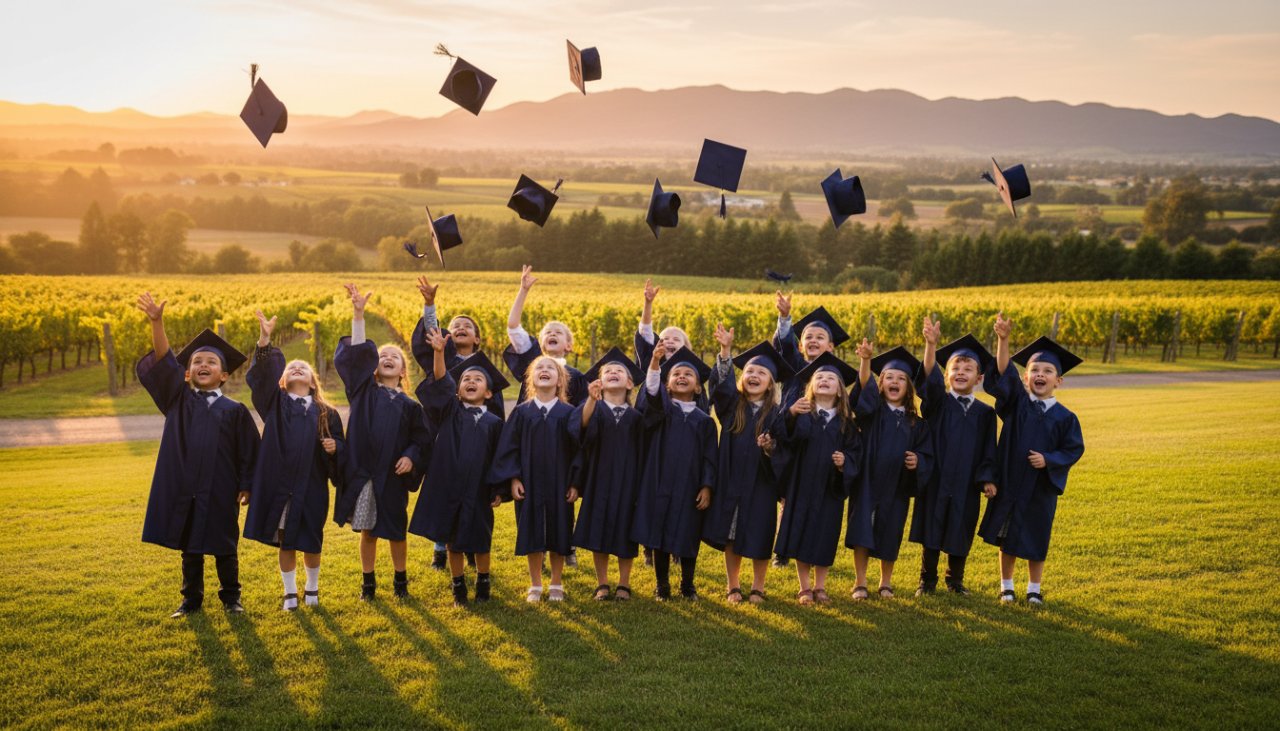 An emotional wide shot of a group of excited primary school children in Yarra Glen, Victoria, tossing their graduation caps into the air against a backdrop of rolling hills and a golden sunset, perfectly capturing a joyful Yarra Glen primary school graduation photography moment.