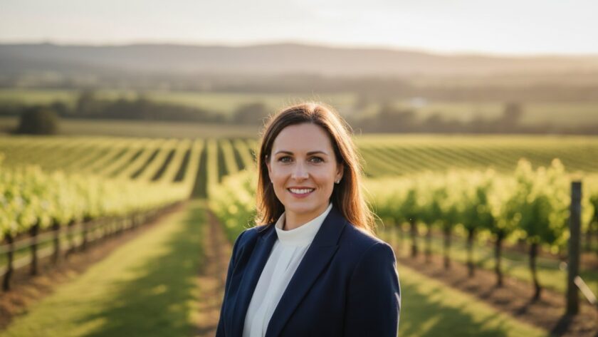 A confident female business leader, looking directly at the camera with a warm, authentic smile, captured in natural light amidst the serene vineyards of Yarra Glen, illustrating exceptional Yarra Glen professional headshot photography for business leaders.