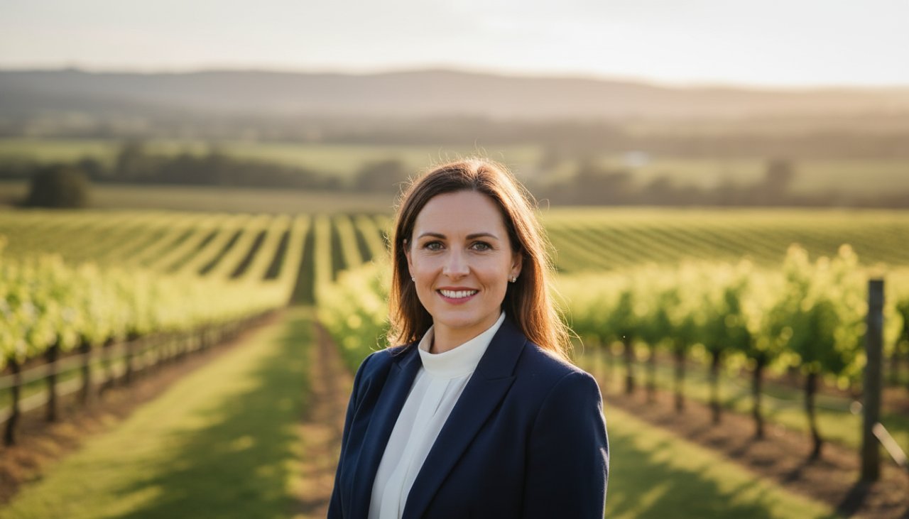 A confident female business leader, looking directly at the camera with a warm, authentic smile, captured in natural light amidst the serene vineyards of Yarra Glen, illustrating exceptional Yarra Glen professional headshot photography for business leaders.