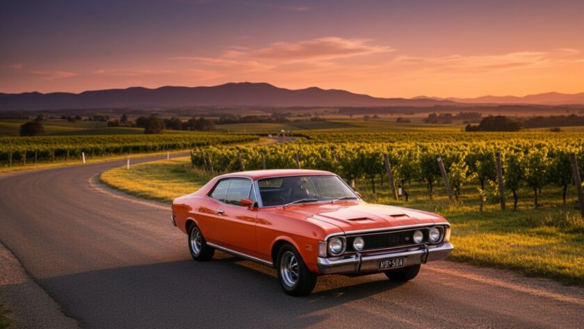 An epic moment of a gleaming vintage sports car parked by a winding road at sunset, with rolling vineyards and the distant Dandenong Ranges in Yarra Glen, illustrating Yarra Glen Scenic Automotive Photography Tips.