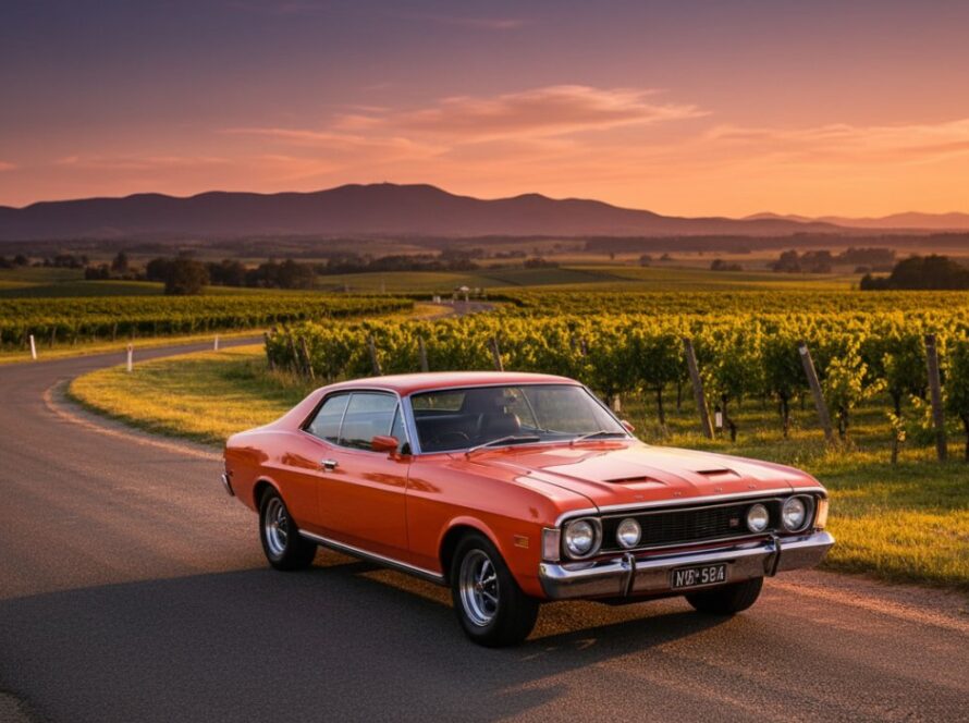 An epic moment of a gleaming vintage sports car parked by a winding road at sunset, with rolling vineyards and the distant Dandenong Ranges in Yarra Glen, illustrating Yarra Glen Scenic Automotive Photography Tips.