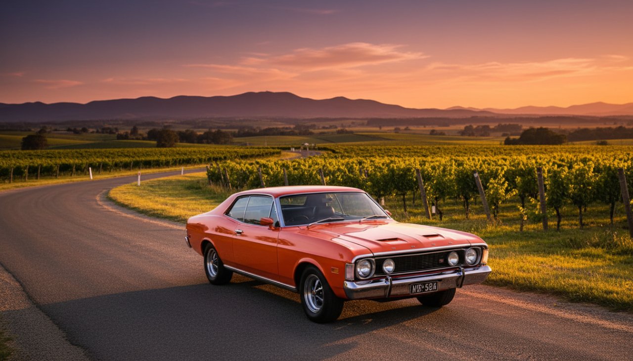 An epic moment of a gleaming vintage sports car parked by a winding road at sunset, with rolling vineyards and the distant Dandenong Ranges in Yarra Glen, illustrating Yarra Glen Scenic Automotive Photography Tips.