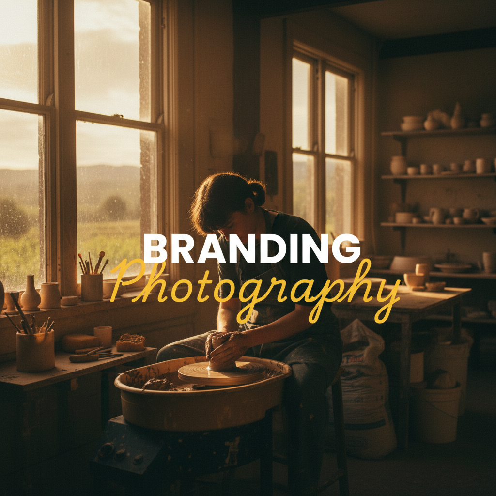 A moody, cinematic street photography style image capturing a local artisan's studio in the Yarra Valley, showcasing the essence of Yarra Valley branding photography for artisan businesses, with dramatic lighting and artistic composition.