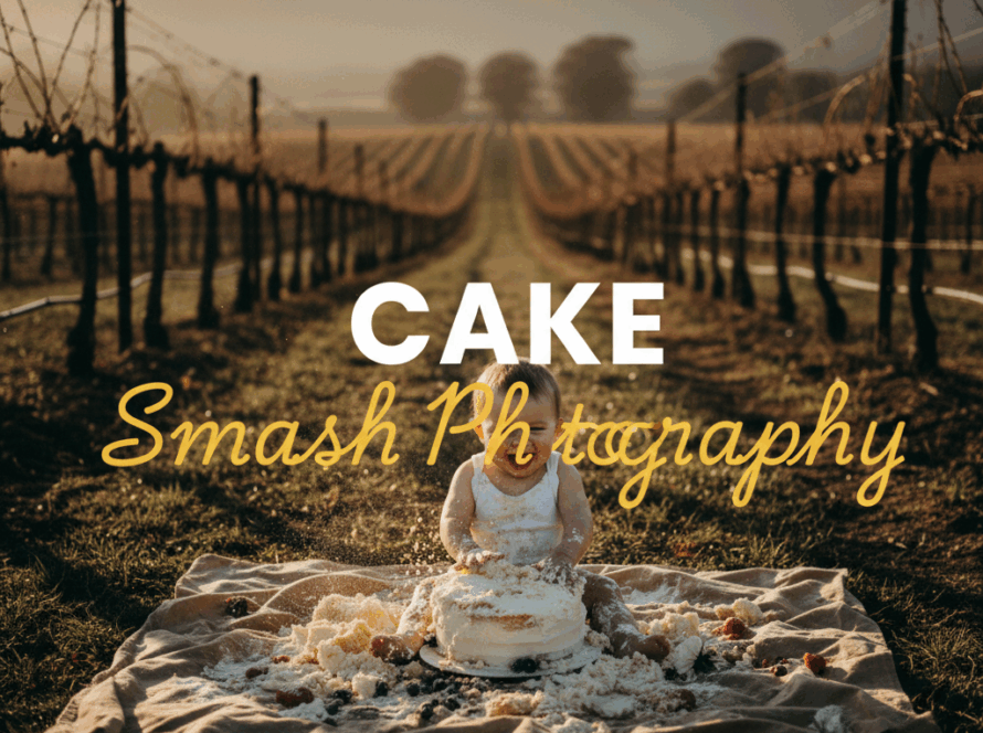 Atmospheric street photography style image of a baby during a Yarra Valley cake smash photographer for first birthdays session, with dramatic golden hour lighting.
