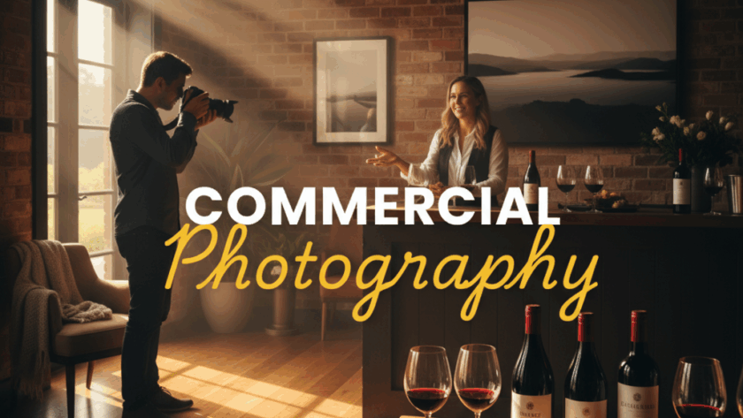 An atmospheric, moody, street photography style image showcasing Yarra Valley commercial photography brand storytelling, featuring a golden hour scene of a local winery with elegant product placements, highlighting the art of visual narrative.