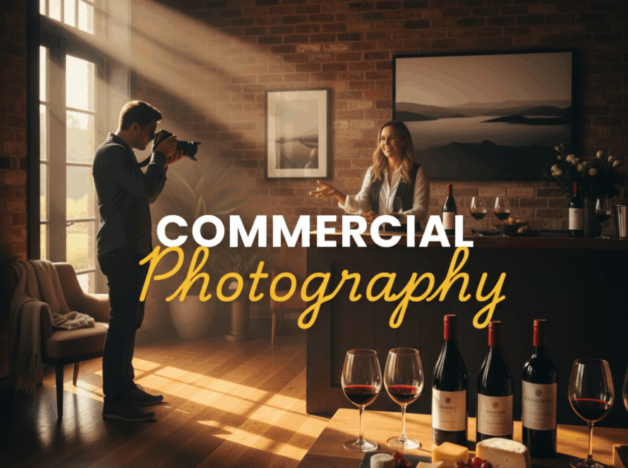 An atmospheric, moody, street photography style image showcasing Yarra Valley commercial photography brand storytelling, featuring a golden hour scene of a local winery with elegant product placements, highlighting the art of visual narrative.