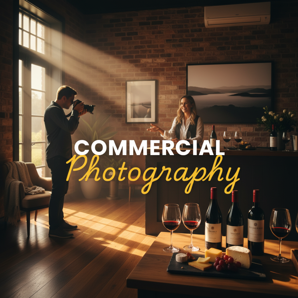 An atmospheric, moody, street photography style image showcasing Yarra Valley commercial photography brand storytelling, featuring a golden hour scene of a local winery with elegant product placements, highlighting the art of visual narrative.