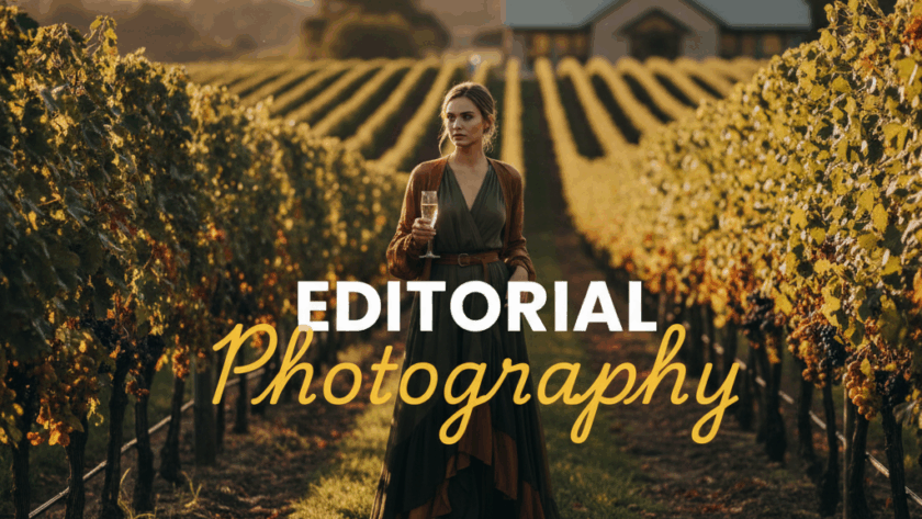 A moody, cinematic street photography style image showcasing a luxury lifestyle product, possibly wine or fashion, against a picturesque Yarra Valley vineyard backdrop at golden hour, illustrating Yarra Valley editorial photography for luxury lifestyle brands.