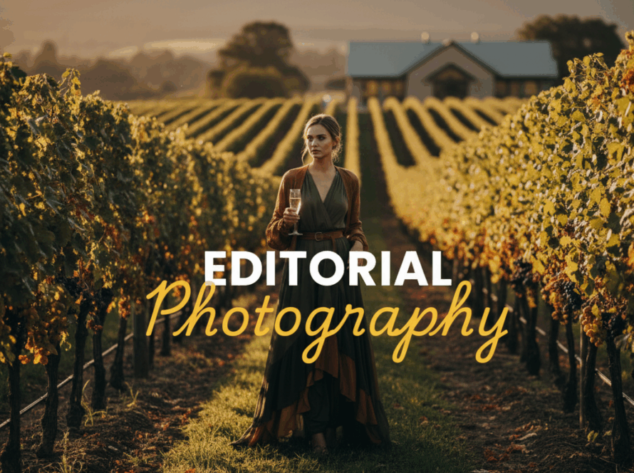 A moody, cinematic street photography style image showcasing a luxury lifestyle product, possibly wine or fashion, against a picturesque Yarra Valley vineyard backdrop at golden hour, illustrating Yarra Valley editorial photography for luxury lifestyle brands.