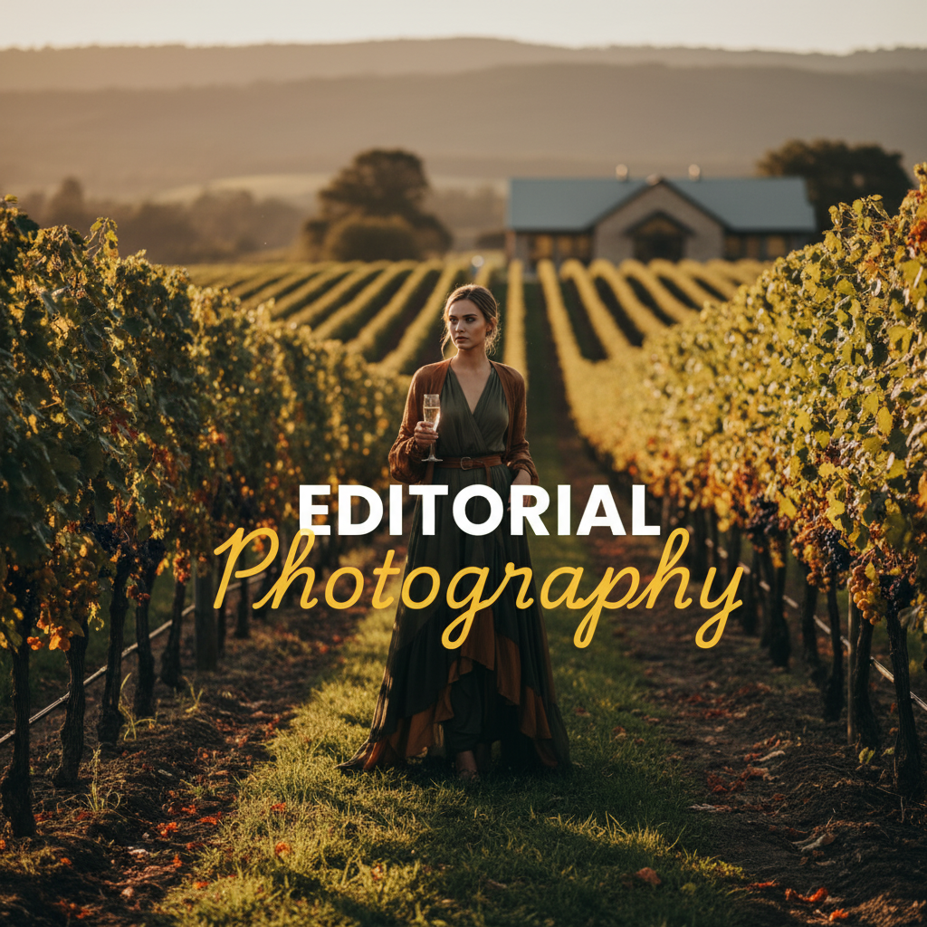 A moody, cinematic street photography style image showcasing a luxury lifestyle product, possibly wine or fashion, against a picturesque Yarra Valley vineyard backdrop at golden hour, illustrating Yarra Valley editorial photography for luxury lifestyle brands.