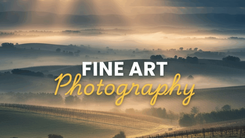 Atmospheric street photography style image of a misty sunrise over Yarra Valley vineyards, with 'Fine Art Photography' text overlay, showcasing the beauty of Yarra Valley fine art landscape photography.