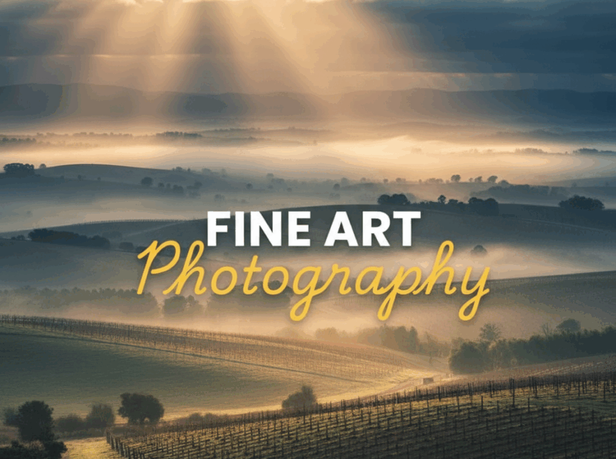 Atmospheric street photography style image of a misty sunrise over Yarra Valley vineyards, with 'Fine Art Photography' text overlay, showcasing the beauty of Yarra Valley fine art landscape photography.