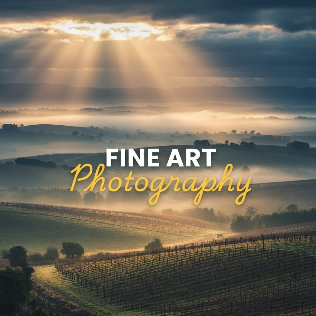 Atmospheric street photography style image of a misty sunrise over Yarra Valley vineyards, with 'Fine Art Photography' text overlay, showcasing the beauty of Yarra Valley fine art landscape photography.