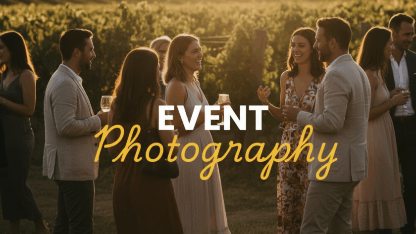 A candid, cinematic street photography style shot of an intimate outdoor event in the Yarra Valley at golden hour, capturing guests laughing amongst vineyards, with the title 'Event' in bold white sans-serif and 'Photography' in elegant yellow cursive overlaid.