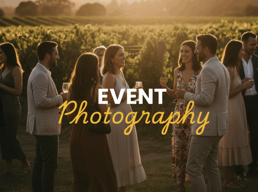 A candid, cinematic street photography style shot of an intimate outdoor event in the Yarra Valley at golden hour, capturing guests laughing amongst vineyards, with the title 'Event' in bold white sans-serif and 'Photography' in elegant yellow cursive overlaid.