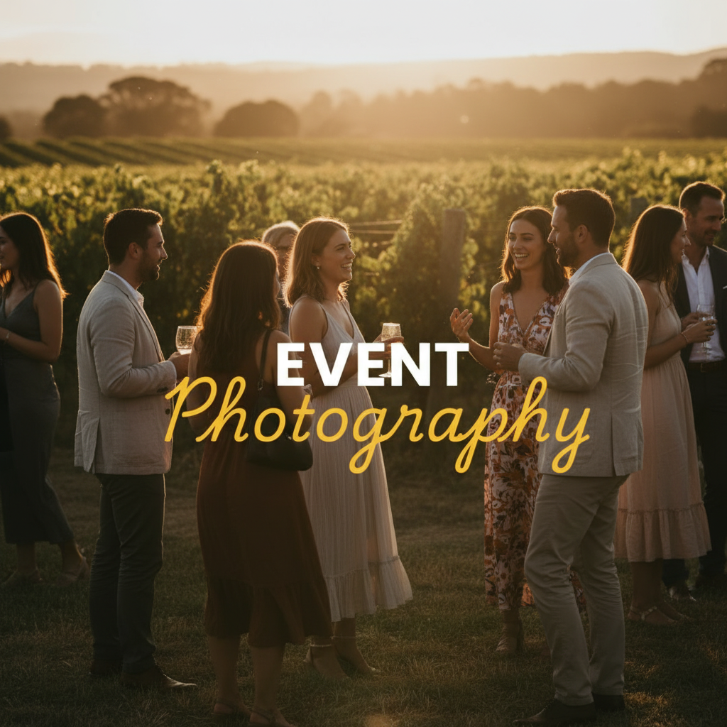 A candid, cinematic street photography style shot of an intimate outdoor event in the Yarra Valley at golden hour, capturing guests laughing amongst vineyards, with the title 'Event' in bold white sans-serif and 'Photography' in elegant yellow cursive overlaid.