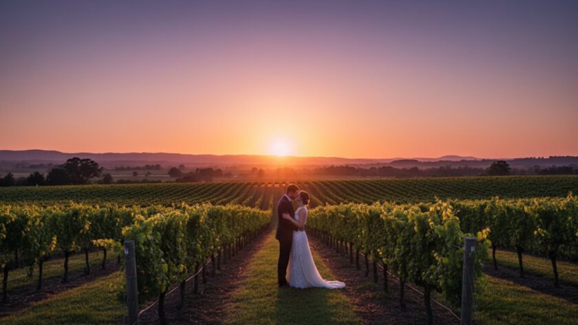 A couple shares a tender moment at sunset amidst the rolling hills of the Yarra Valley, showcasing the beauty of Yarra Valley pre-wedding photography Woori Yallock vineyards.