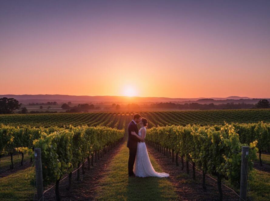A couple shares a tender moment at sunset amidst the rolling hills of the Yarra Valley, showcasing the beauty of Yarra Valley pre-wedding photography Woori Yallock vineyards.