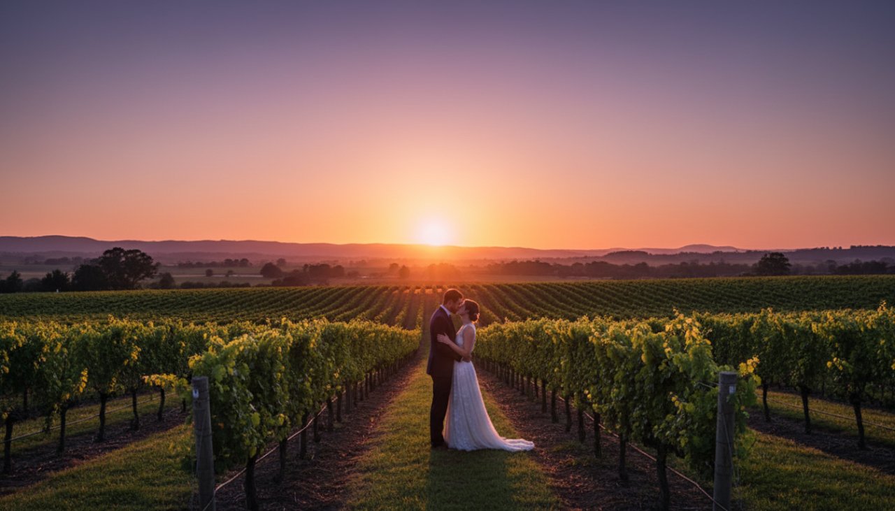 A couple shares a tender moment at sunset amidst the rolling hills of the Yarra Valley, showcasing the beauty of Yarra Valley pre-wedding photography Woori Yallock vineyards.