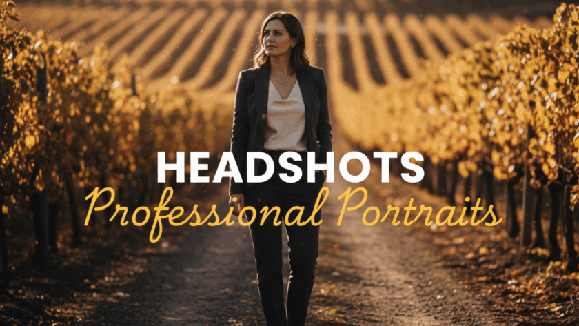 A moody, cinematic street photography style image featuring a Yarra Valley professional headshots for local businesses session, capturing a person against a blurred vineyard backdrop during golden hour, with 'HEADSHOTS PROFESSIONAL PORTRAITS' text overlay.