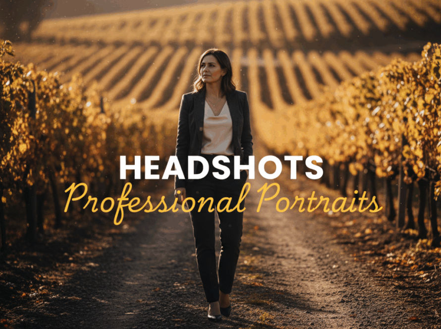 A moody, cinematic street photography style image featuring a Yarra Valley professional headshots for local businesses session, capturing a person against a blurred vineyard backdrop during golden hour, with 'HEADSHOTS PROFESSIONAL PORTRAITS' text overlay.