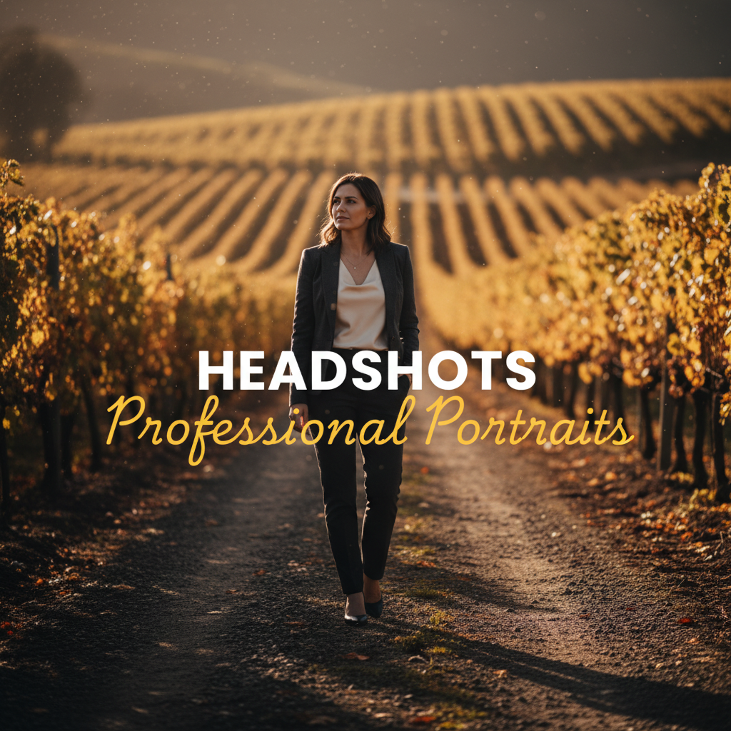 A moody, cinematic street photography style image featuring a Yarra Valley professional headshots for local businesses session, capturing a person against a blurred vineyard backdrop during golden hour, with 'HEADSHOTS PROFESSIONAL PORTRAITS' text overlay.