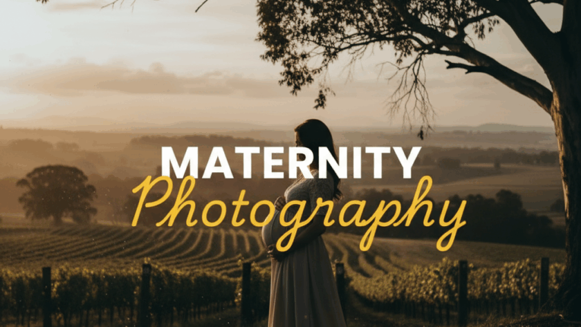 A moody, cinematic street photography style image of an expectant mother posing gracefully amidst a sun-dappled vineyard in the Yarra Valley, capturing serene maternity photography. The image features soft, natural light and a romantic atmosphere.