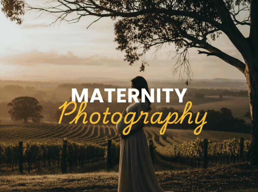 A moody, cinematic street photography style image of an expectant mother posing gracefully amidst a sun-dappled vineyard in the Yarra Valley, capturing serene maternity photography. The image features soft, natural light and a romantic atmosphere.