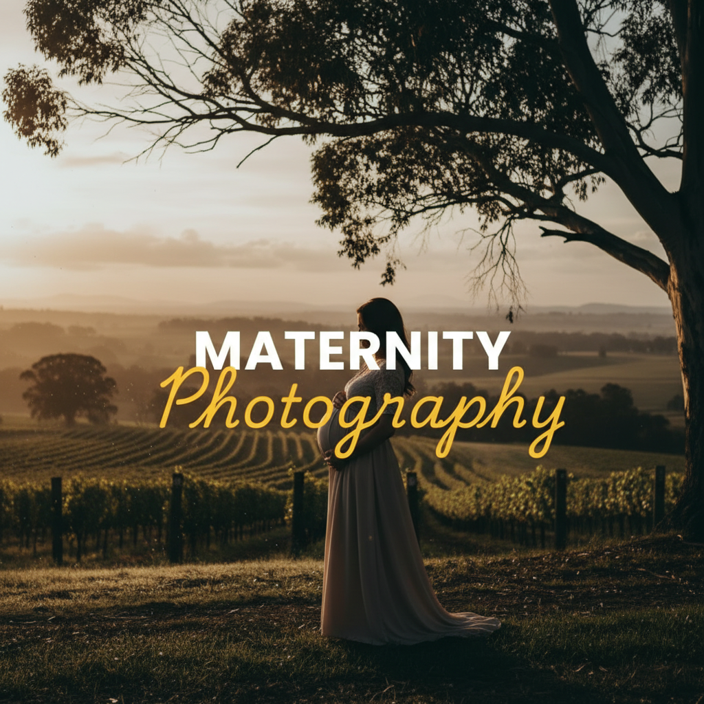 A moody, cinematic street photography style image of an expectant mother posing gracefully amidst a sun-dappled vineyard in the Yarra Valley, capturing serene maternity photography. The image features soft, natural light and a romantic atmosphere.