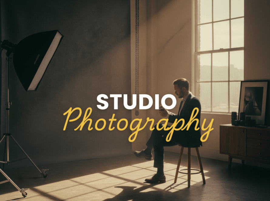 Atmospheric, moody street photography style image capturing a candid moment during Yarra Valley Studio Portrait Sessions, with dramatic lighting enhancing a subject posing in a studio setup.
