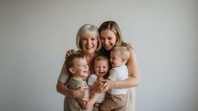 A joyous Yarra Glen Studio Photography for Treasured Family Portraits session, featuring a multi-generational Australian family laughing warmly together in a modern studio setting, natural light, creating an epic moment of connection and love.