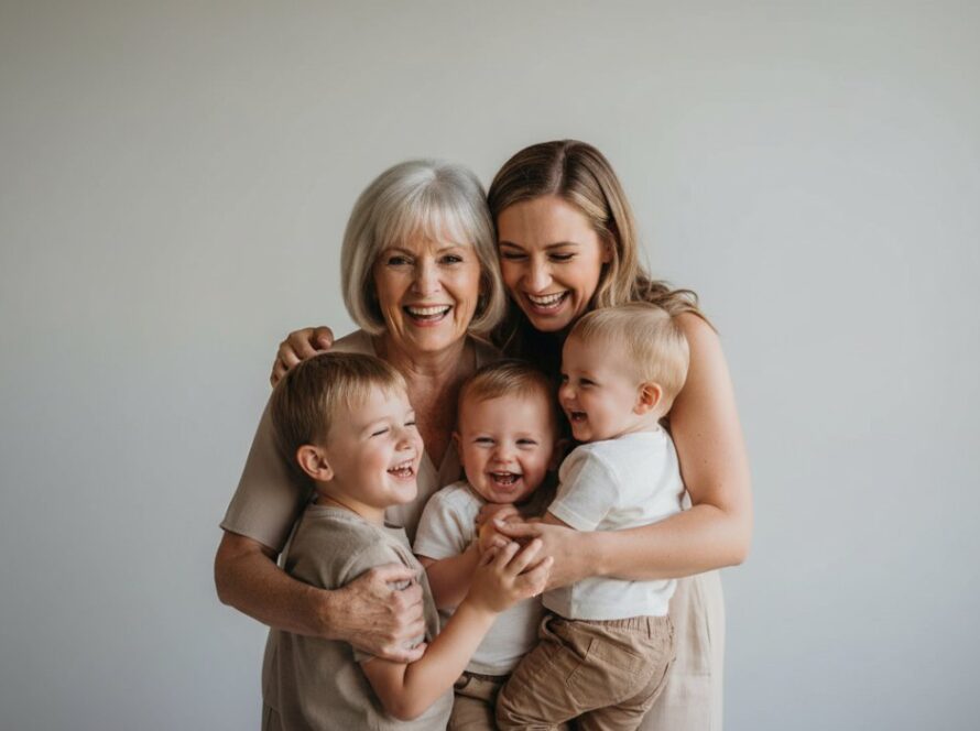 A joyous Yarra Glen Studio Photography for Treasured Family Portraits session, featuring a multi-generational Australian family laughing warmly together in a modern studio setting, natural light, creating an epic moment of connection and love.