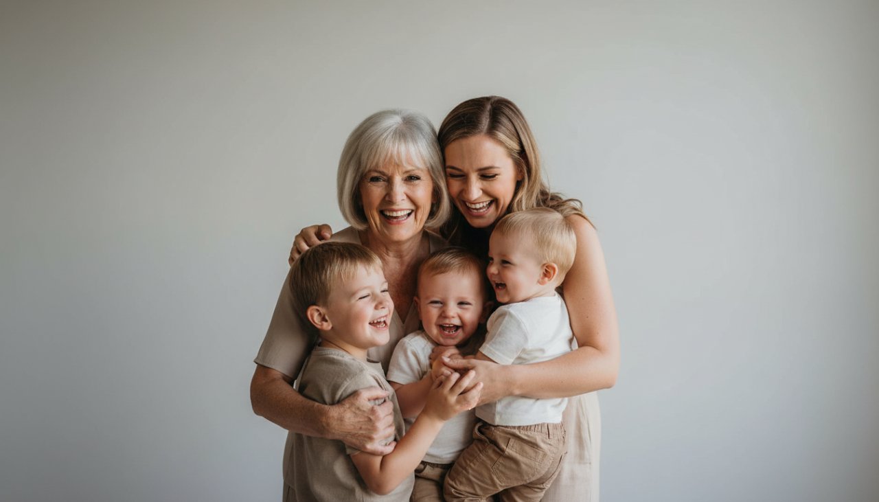 A joyous Yarra Glen Studio Photography for Treasured Family Portraits session, featuring a multi-generational Australian family laughing warmly together in a modern studio setting, natural light, creating an epic moment of connection and love.