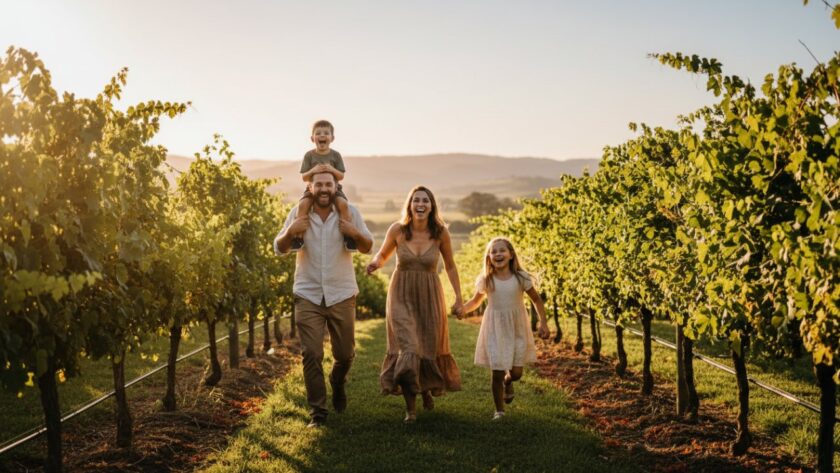 An 'epic moment' photograph capturing Yering family photography with candid moments: a family of four laughing joyously while running through a sun-drenched vineyard at sunset, the father lifting a child onto his shoulders, with the rolling hills of Yarra Valley in the background.