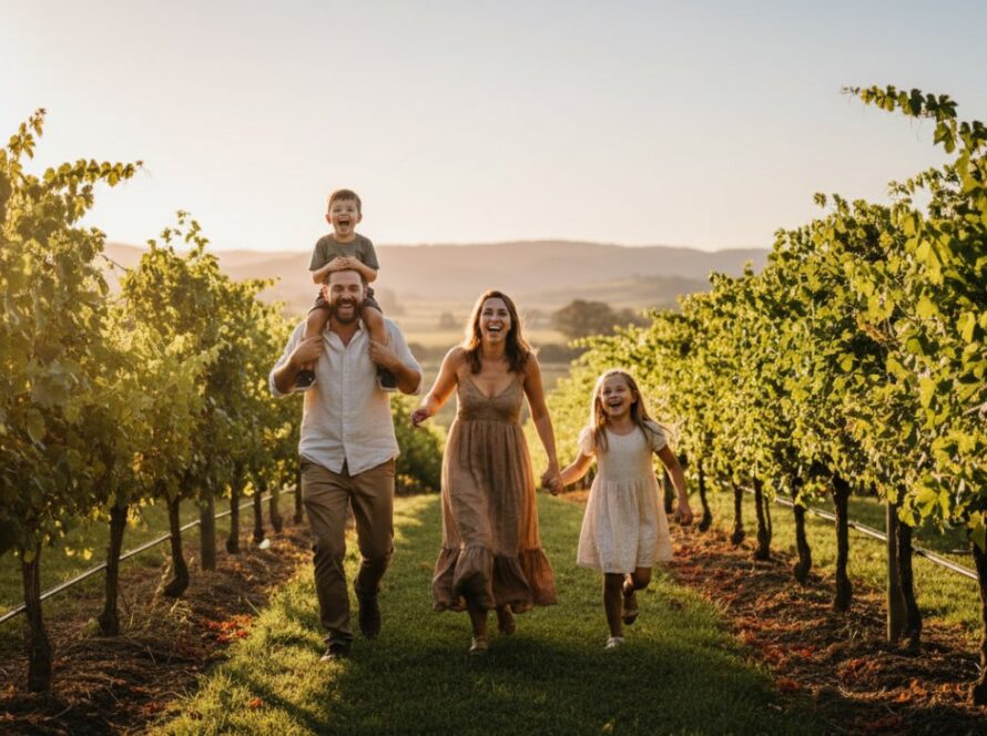 An 'epic moment' photograph capturing Yering family photography with candid moments: a family of four laughing joyously while running through a sun-drenched vineyard at sunset, the father lifting a child onto his shoulders, with the rolling hills of Yarra Valley in the background.