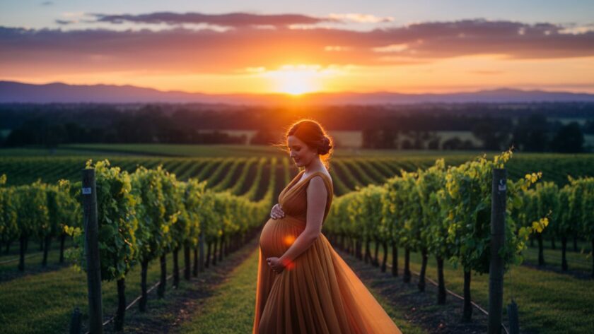 An epic Yering Ranges maternity photography capturing ethereal glow, featuring a glowing pregnant woman at sunset amidst rolling vineyards, dramatic golden light, and a serene landscape.