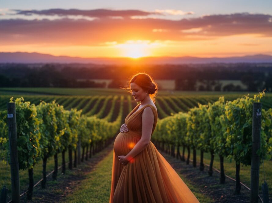 An epic Yering Ranges maternity photography capturing ethereal glow, featuring a glowing pregnant woman at sunset amidst rolling vineyards, dramatic golden light, and a serene landscape.