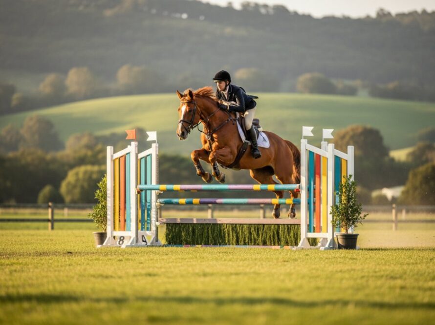 An epic moment of a powerful horse and rider mid-jump during a showjumping competition in Yering, beautifully captured through Yering Valley Equestrian Photography Capturing Grace, with the lush Victorian landscape in the background, golden hour lighting.