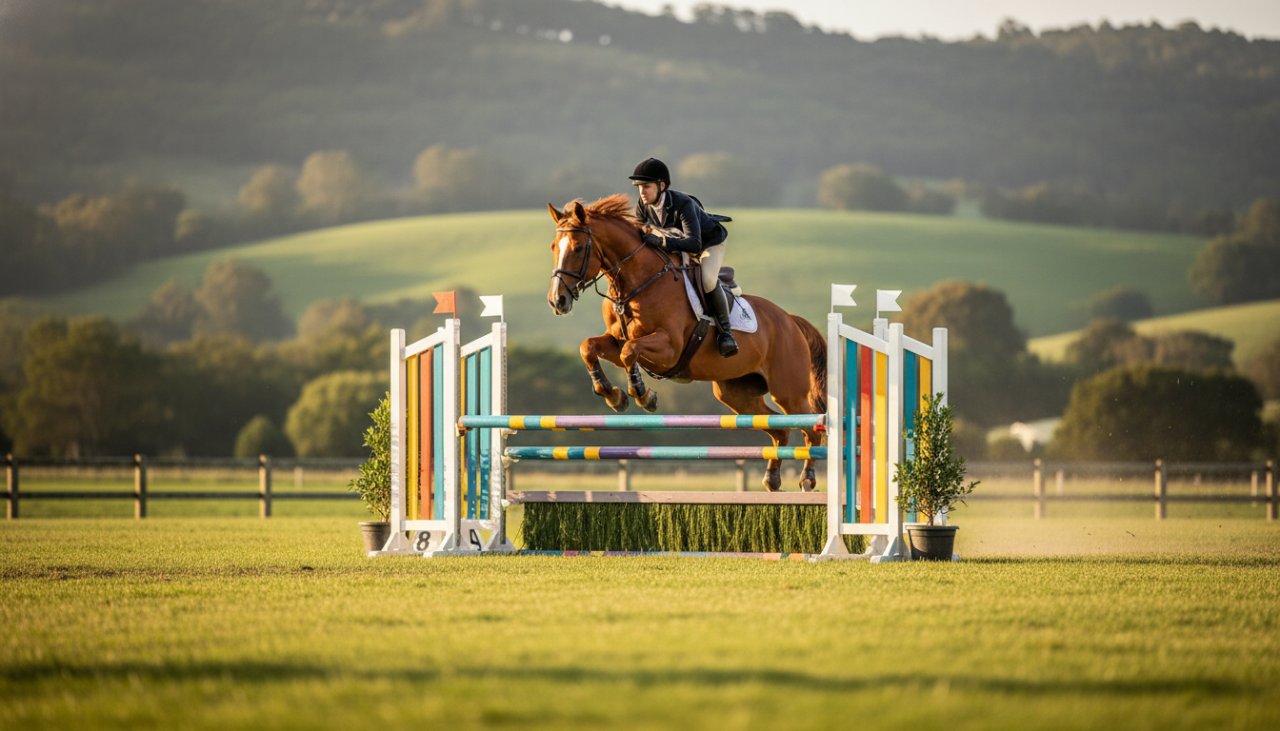 An epic moment of a powerful horse and rider mid-jump during a showjumping competition in Yering, beautifully captured through Yering Valley Equestrian Photography Capturing Grace, with the lush Victorian landscape in the background, golden hour lighting.