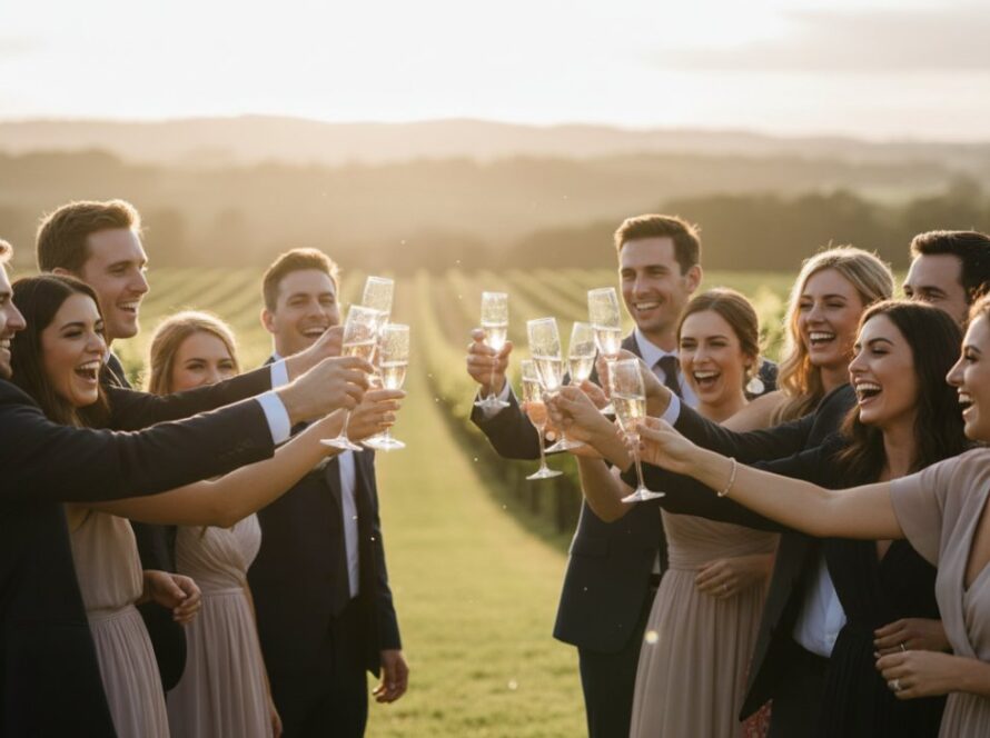 An epic moment of joyful celebration, captured by Yering Valley Event Photography, featuring guests laughing and toasting under golden hour light at a beautiful Yering estate, evoking warmth and connection.