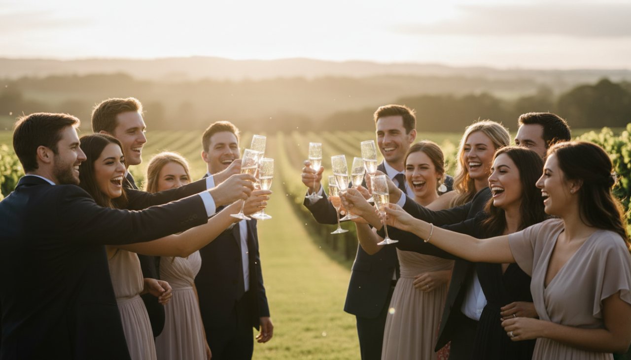 An epic moment of joyful celebration, captured by Yering Valley Event Photography, featuring guests laughing and toasting under golden hour light at a beautiful Yering estate, evoking warmth and connection.