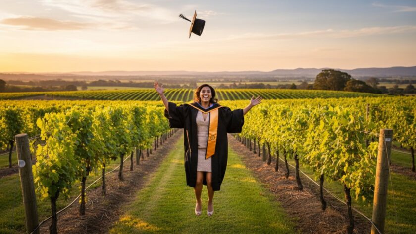 A joyous graduate, cap soaring, captured at sunset amidst the rolling vineyards of Yering, Victoria, symbolising the lasting Yering Valley graduation photography memories of their achievement.