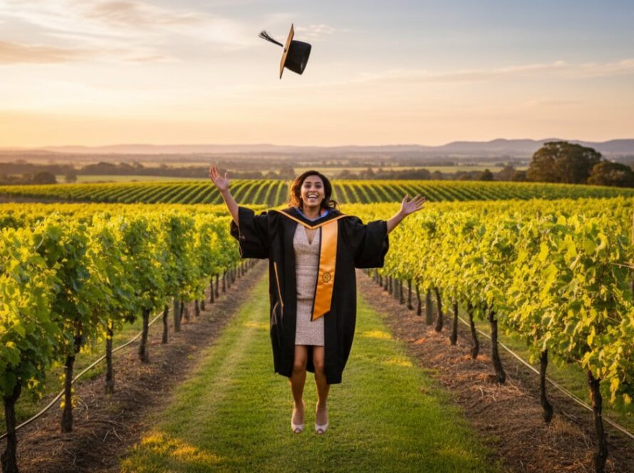 A joyous graduate, cap soaring, captured at sunset amidst the rolling vineyards of Yering, Victoria, symbolising the lasting Yering Valley graduation photography memories of their achievement.