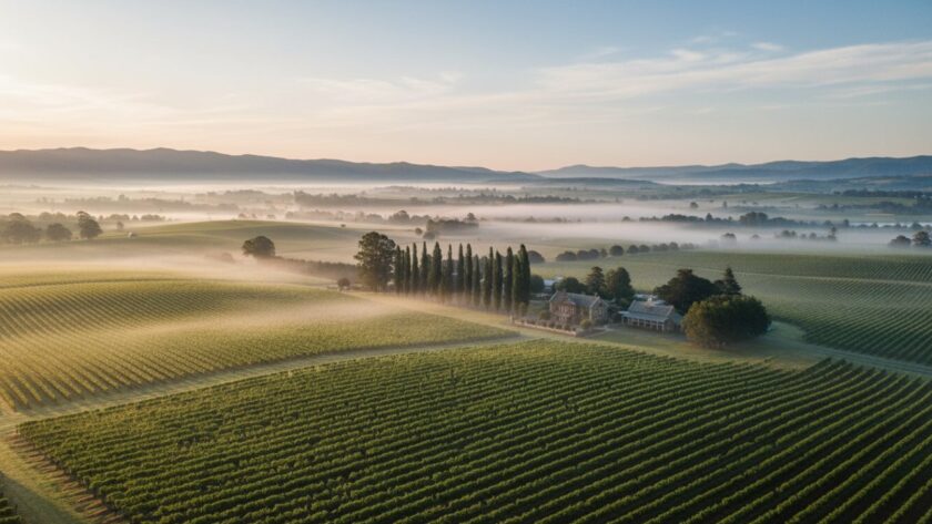 An breathtaking high-altitude drone shot showcasing the expansive, sun-drenched vineyards of Yering Valley at golden hour, capturing the stunning patterns of vines leading to distant rolling hills and a picturesque winery estate. This Yering Valley vineyard drone photography stunning aerials moment highlights the beauty and scale of the region.