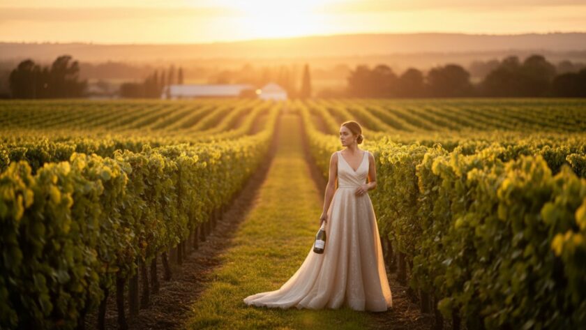 An epic moment captured in Yering Valley winery advertising photography for luxury brands, showcasing a radiant model holding a sparkling wine glass at sunset, bathed in golden light amidst rolling vineyards.